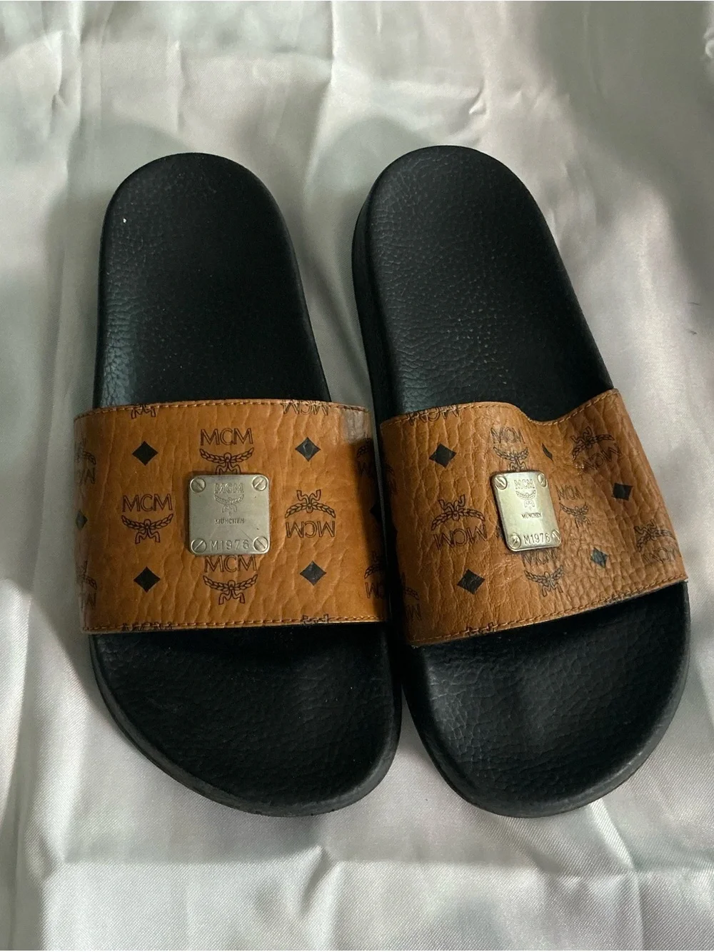 MCM Brown Logo Plaque Slide Sandals with Black Footbed